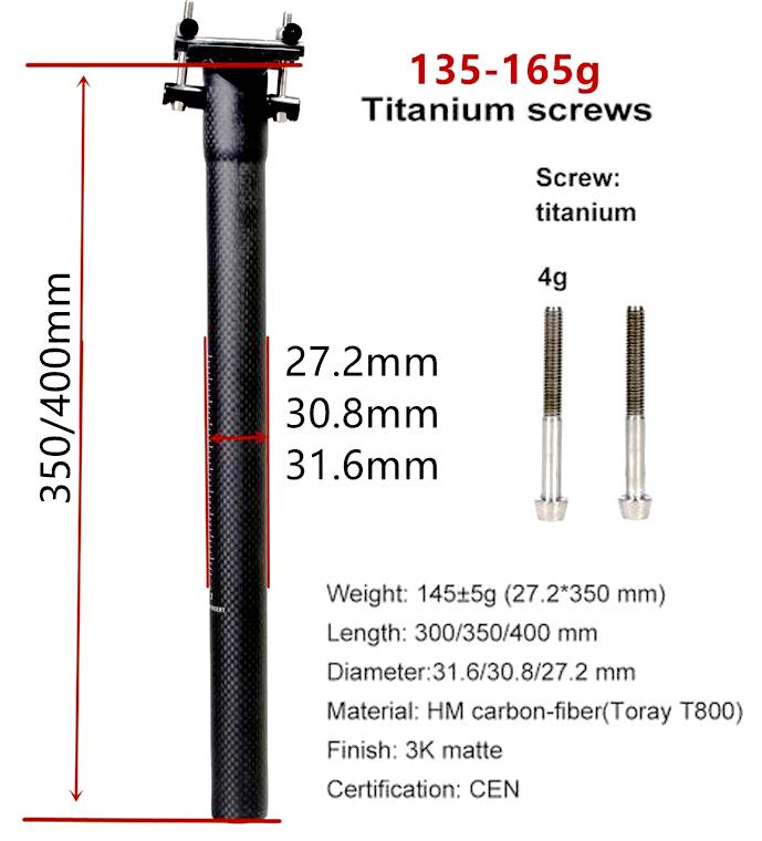 CarbonEnmy T800 Sattelstütze Ultraleicht 160g 400mm 27,2 31,6 mm MTB Rennrad 3K
